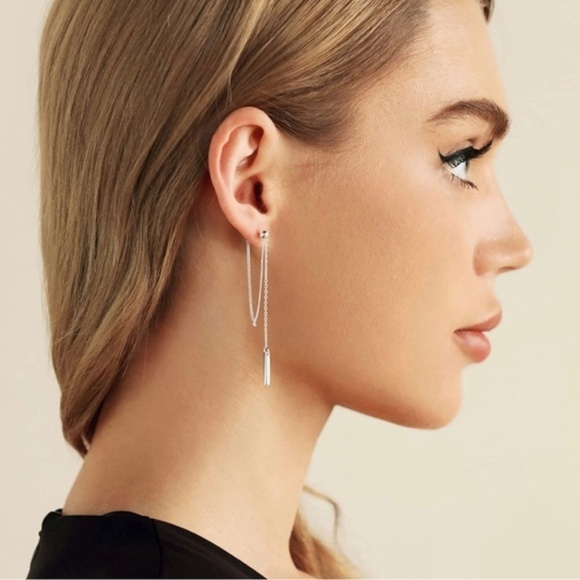SILVER 18k White Gold Bar Chain Drop Dangle Earrings - Picture 1 of 3